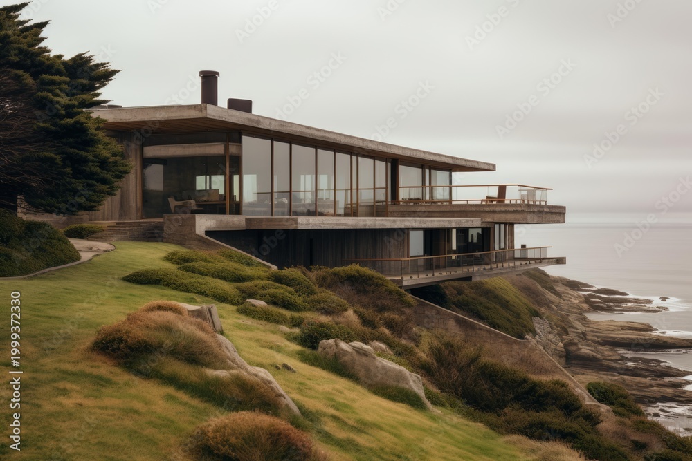 Obraz premium Luxurious house with large glass windows perched on a cliff offers stunning ocean views, integrating architecture with nature