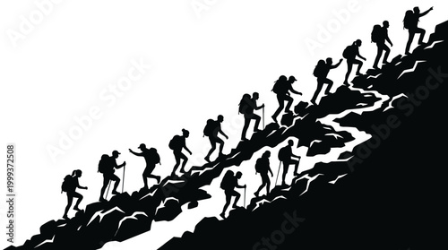Black  White Vector Silhouette: Outdoor Adventure Hikers Climbing Mountain Slope - Teamwork  Challenge
