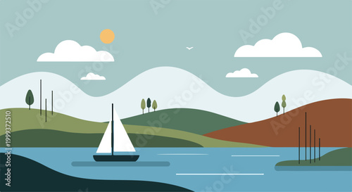 A serene lake scene with sailboat and rolling hills