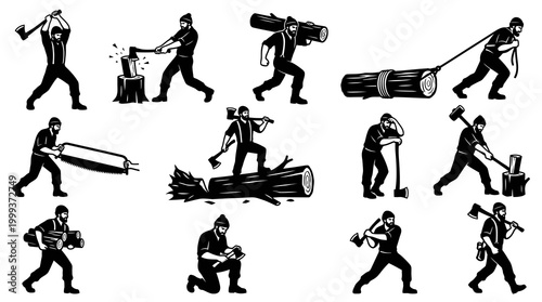 Lumberjack Logging Black  White Glyph Icons Set - Woodcutter Silhouettes with Axes  Saws