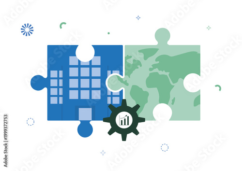 Double materiality concept show connection between business and environmental impact. Puzzle pieces illustrate ESG analysis linking financial performance and sustainability issues. Vector illustration