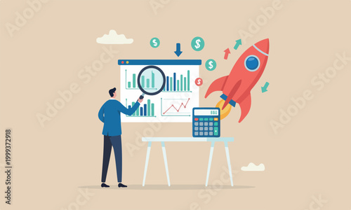 Cost analyze reduce big red rocket cost to gain more profit concept, smart businessman using magnifying glass to analyze cost chart with calculator.