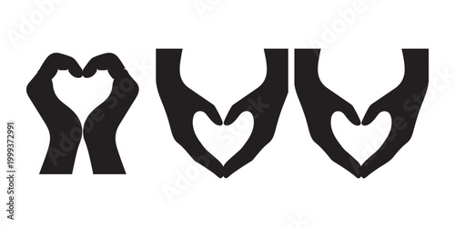 Hands forming heart shapes romantic gesture love symbol silhouettes in black and white.