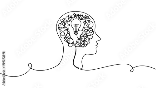 Continuous one line chaos problem scribble simple art icon knot. Chaos problem line complex brain solution tangle messy doodle drawing maze simplify lightbulb understand calm sketch background mess