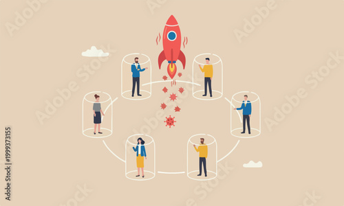 Social in coronavirus red rocket outbreak spreading concept, people keep distance away in circle with virus pathogens.