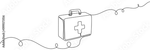 Continuous one line first aid kit emergency medical pharmacy health. First emergency aid kit bag doctor medicine art care white isolated case box hospital tool drawing paramedic background instrument.