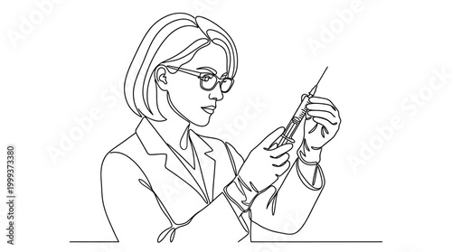 Continuous line drawing of a doctor holding a syringe.