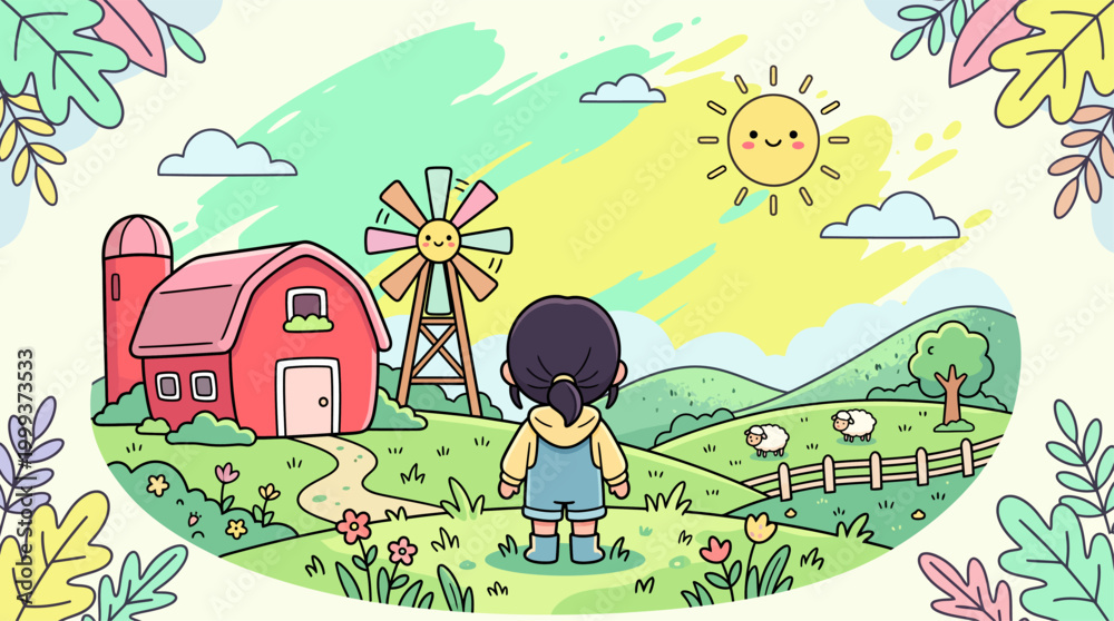 Fototapeta premium Little girl standing in a green meadow looking at a red barn, windmill, and grazing sheep, vector illustration.