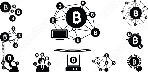Bitcoin blockchain network and mining illustration isolated on white background, Vector