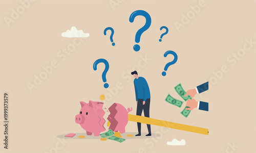 Overspending lost in investment or stock market crash causing bankruptcy in economic crisis concept, broken pink piggy bank and money been stolen yellow crime scene tape