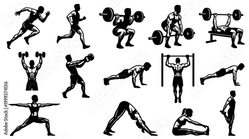Black  White Fitness Icons: Men  Women Exercising, Weightlifting, Yoga