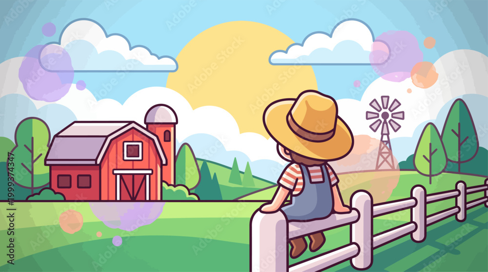 Fototapeta premium Child sitting on a white fence looking at a red barn and windmill under a bright sun, vector illustration.