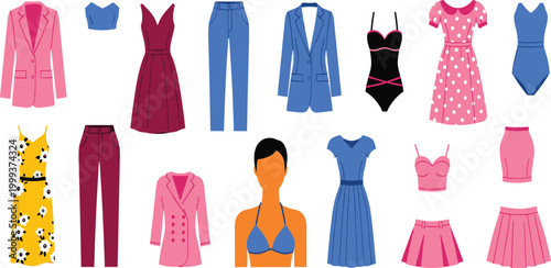 Women Fashion Clothing Collection with Stylish Dresses Suits Tops Skirts and Swimwear for Modern Apparel Illustration and Trendy Design Projects.
