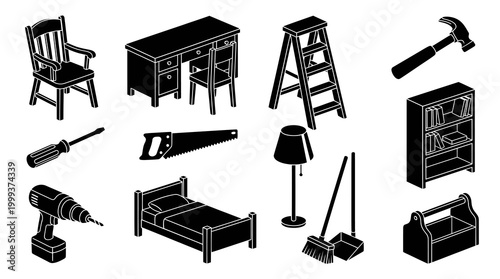 Isometric Black  White Household  DIY Tools Icons Set