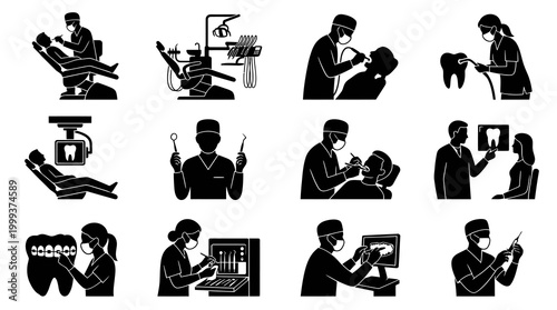 Dentistry Medical Glyph Icons. Dental Care Procedures and Equipment Black and White Vector Silhouette Set