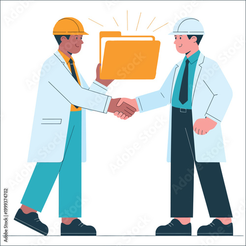 Collaborative project handover between two scientists with a folder and handshake