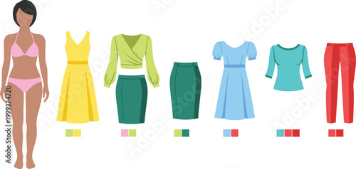 Women Outfit Collection with Color Coordinated Clothing Set Including Dresses Tops Skirts and Pants for Modern Fashion Illustration and Apparel Design Projects.