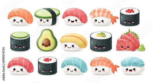 A cheerful assortment of cartoon sushi characters is presented in a bright, colorful illustration against a clean white backdrop, showcasing a delightful culinary collection with cute