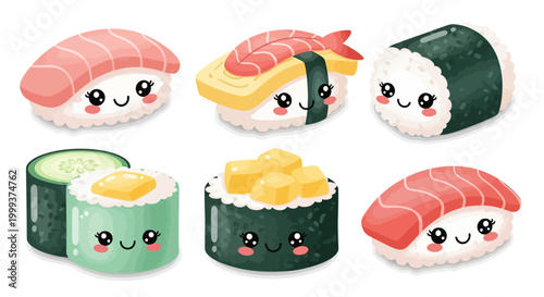 Charming vector illustration of assorted sushi pieces with cute kawaii faces arranged against a clean white background, rendered in a vibrant, colorful style with soft shading and playful