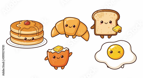 A cheerful cartoon breakfast collection featuring pancakes with syrup, a croissant, toast with butter, a boiled egg, and a fried egg, all with cute smiley faces against a white background