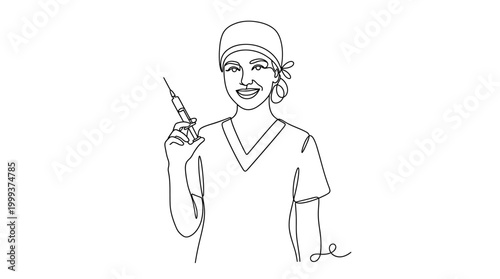 Continuous line drawing of a smiling nurse holding a medical syringe.