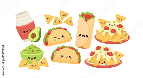 A flat lay illustration of assorted kawaii-style Mexican food items, including tacos, nachos, a burrito, guacamole, and avocado, arranged against a clean white background with a cheerful