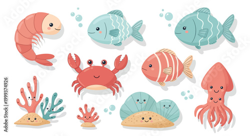 A cheerful cartoon illustration features a group of sea creatures including fish, a shrimp, a crab, a squid, and coral on a white background in a flat lay style with a soft, pastel color