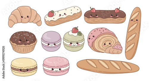 Flat lay illustration of cute cartoon pastries with smiling faces, including croissants, eclairs, macarons, and baguettes, arranged on a clean white background with a cheerful and playful