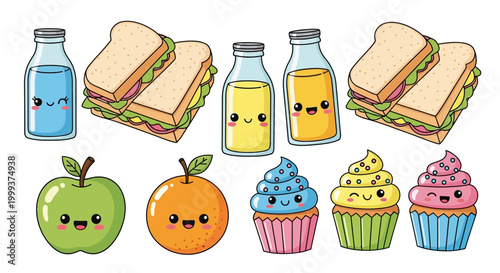 Cartoon illustration featuring a kawaii-style arrangement of lunchbox items, including sandwiches, juice bottles, cupcakes, and fruit, presented with vibrant colors and a clean white