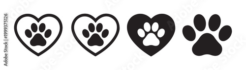 Dog paw heart icon collection for pet care branding and animal lover designs on transparent vector background.