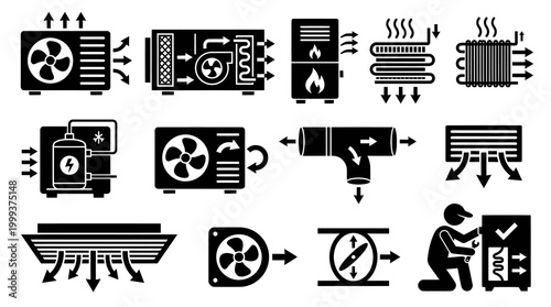 HVAC Heating Cooling Ventilation System Repair Solid Glyph Icons
