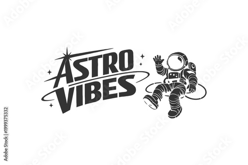 Retro-style graphic featuring an astronaut waving, with bold Astro Vibes text and celestial elements, perfect for t-shirts and posters