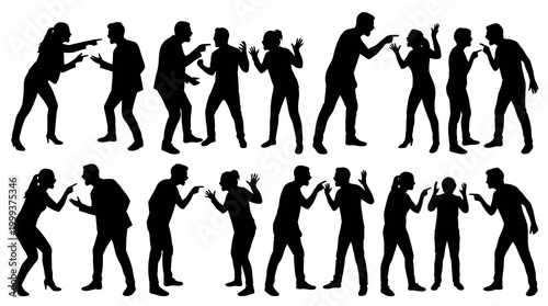 Black Silhouettes of Arguing People: Human Relations  Business Conflict Vector Icons