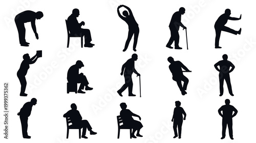 Aging  Wellness: Senior People Silhouettes Vector Icon Set