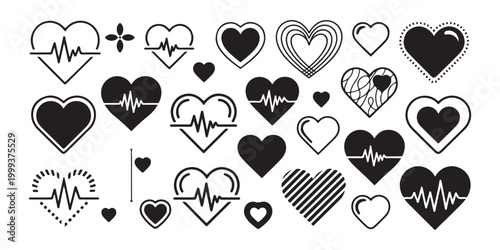 Large set of diverse heart icons, including heartbeat lines and unique designs for medical or romantic themes.