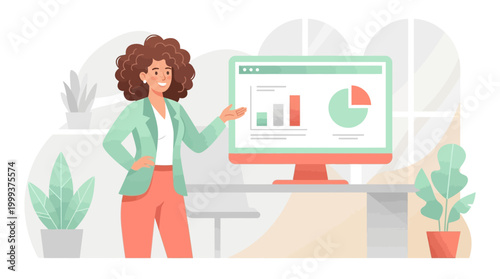 Stressed employee giving a remote presentation on a computer in a bright hybrid office illustration