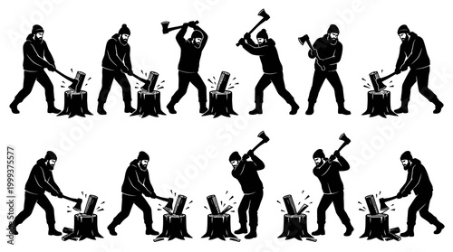 Forestry  Woodworking: Black and White Vector Graphic Art of Lumberjacks Chopping Wood with Axes