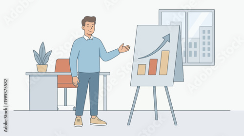 Stressed employee giving a presentation in a hybrid office, flat vector illustration, blue tones.