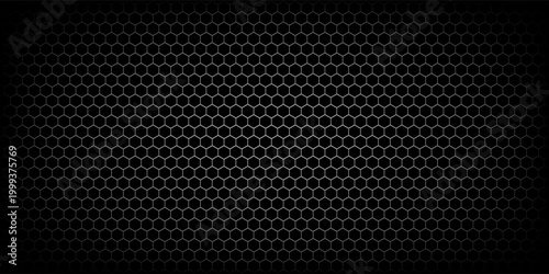 Dark grey abstract wide horizontal banner with hexagon carbon fiber grid and orange luminous lines. Technology vector background with orange neon lines