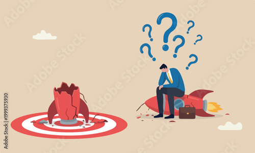 businessman bullseye target company on crash launching space rocket metaphor new business failure