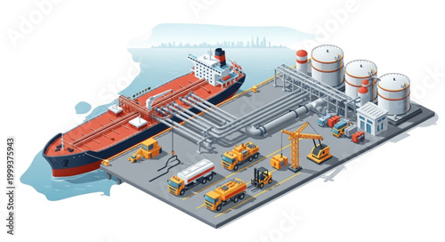 Oil Tanker Ship Docked at Industrial Port with Storage Tanks and Cargo Equipment.