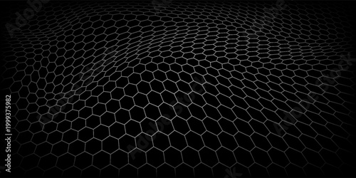 Dark grey abstract wide horizontal banner with hexagon carbon fiber grid and orange luminous lines. Technology vector background with orange neon lines