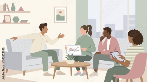 Stressed employee giving a remote presentation in a tense hybrid work setting, flat vector style.