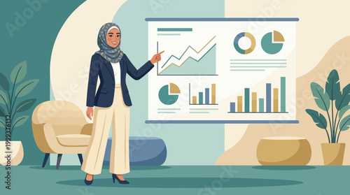 Stressed woman in hijab presenting data charts in a flat vector style within a hybrid home office.