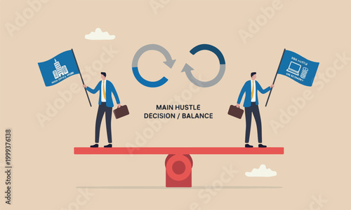 Side pillars economy and main office work, freelancer or salary man routine concept, businessman balance between main work and side hustle