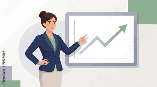 Stressed businesswoman giving a hybrid work presentation with charts in a flat vector style.