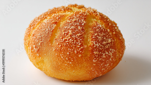 Crusty golden bread roll sprinkled with seeds on white background, bread making