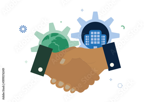 Double materiality concept. handshake between business and environmental gears, representing sustainable corporate partnership and CSRD cooperation. Vector illustration