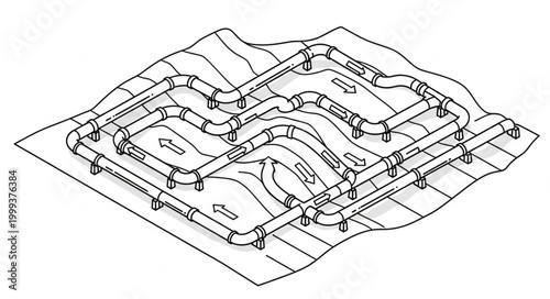 Overland industrial piping network schematic on terrain.