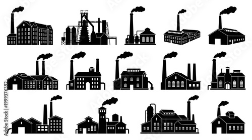 Industrial Factory Silhouettes, Manufacturing Plant Icons, Black and White